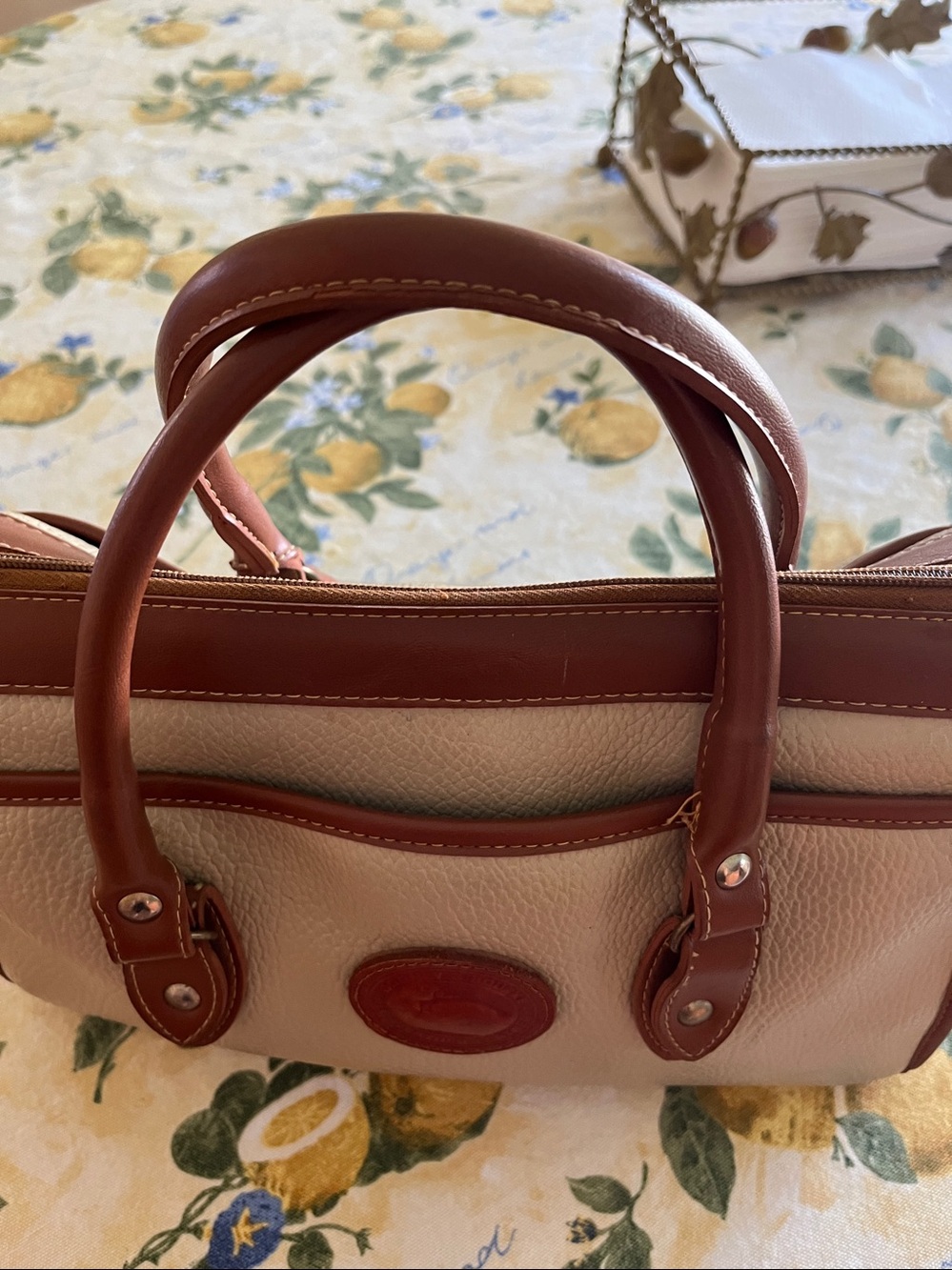 Vintage Dooney & Bourke Beige and Brown Leather Satchel - Picture 3 of 7